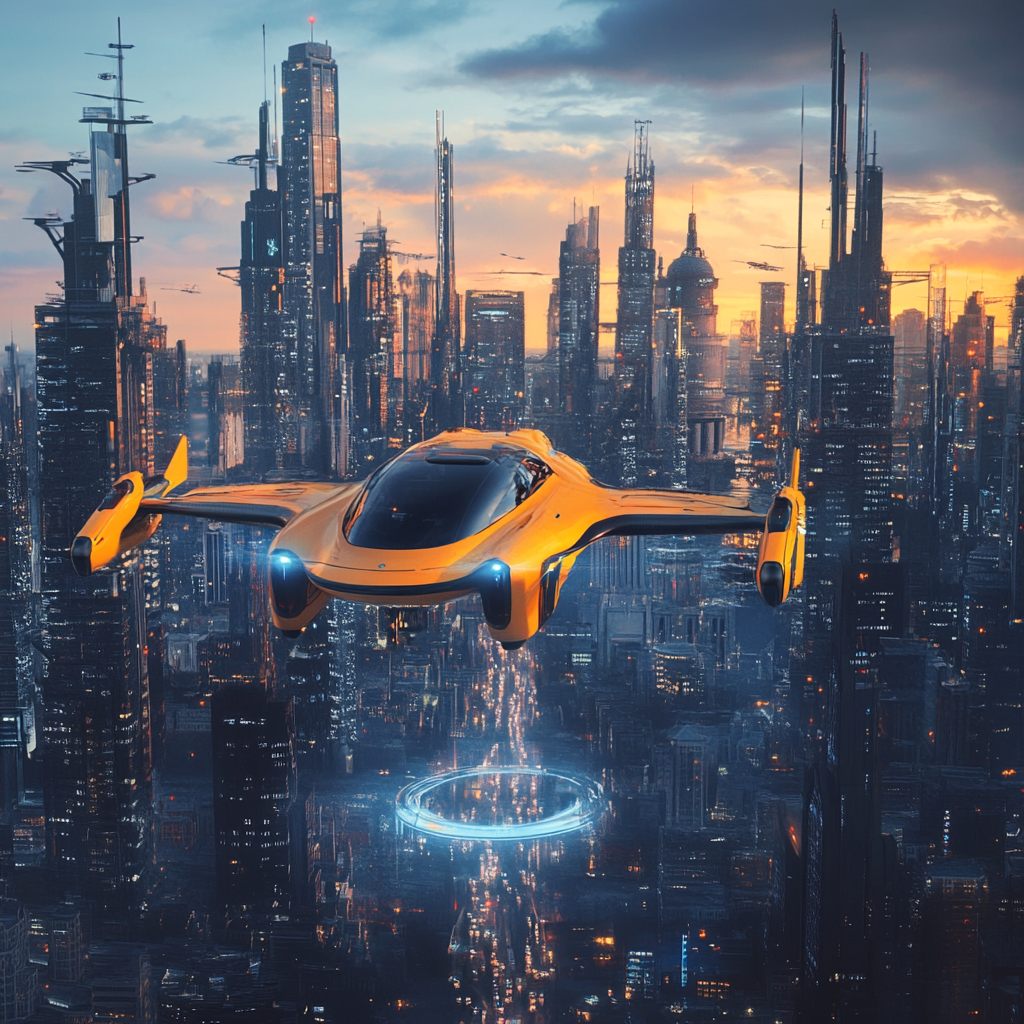 Flying taxi concept in the city sky